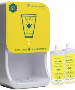 Picture of touchless sunscreen dispenser, plus Sunscreen bottles. Bild vom berührungslosen Sonnencremespender inkl. Sonnencreme Flaschen